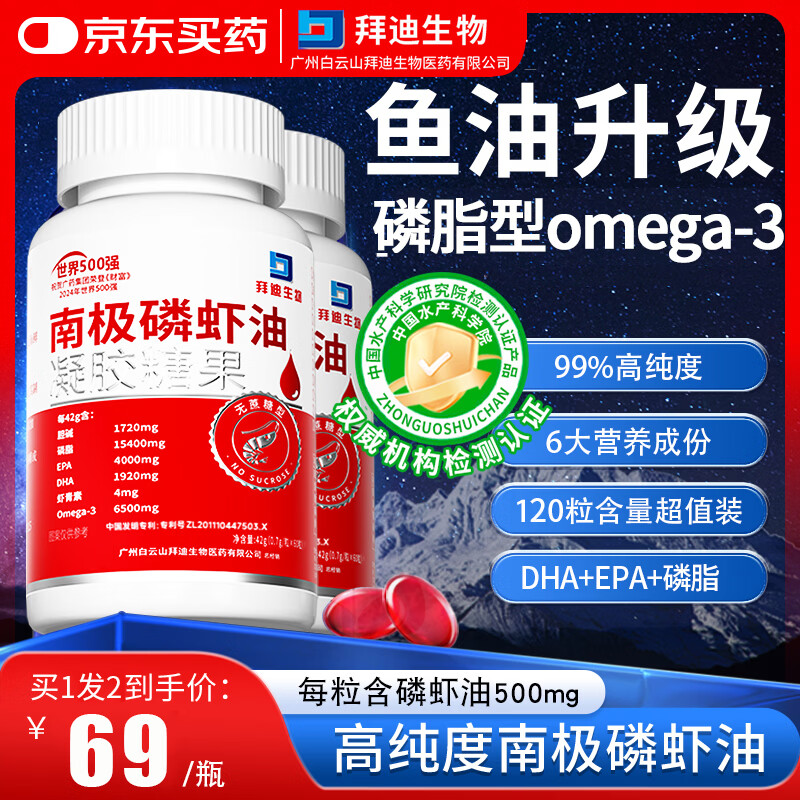 白云山拜迪纯南极磷虾油120粒正宗高纯度磷脂型omega3鱼油升级中老年人
