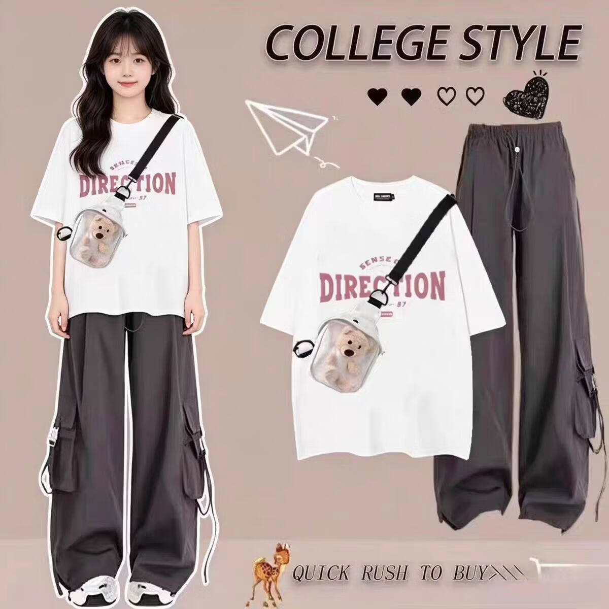 欧颖慕女童衣服初高中生夏季新款运动套装时尚女童套装夏季女孩短袖宽松 白色短袖+粉色工装裤【两件套】-无包包 155 （S）码【建议75-90斤】