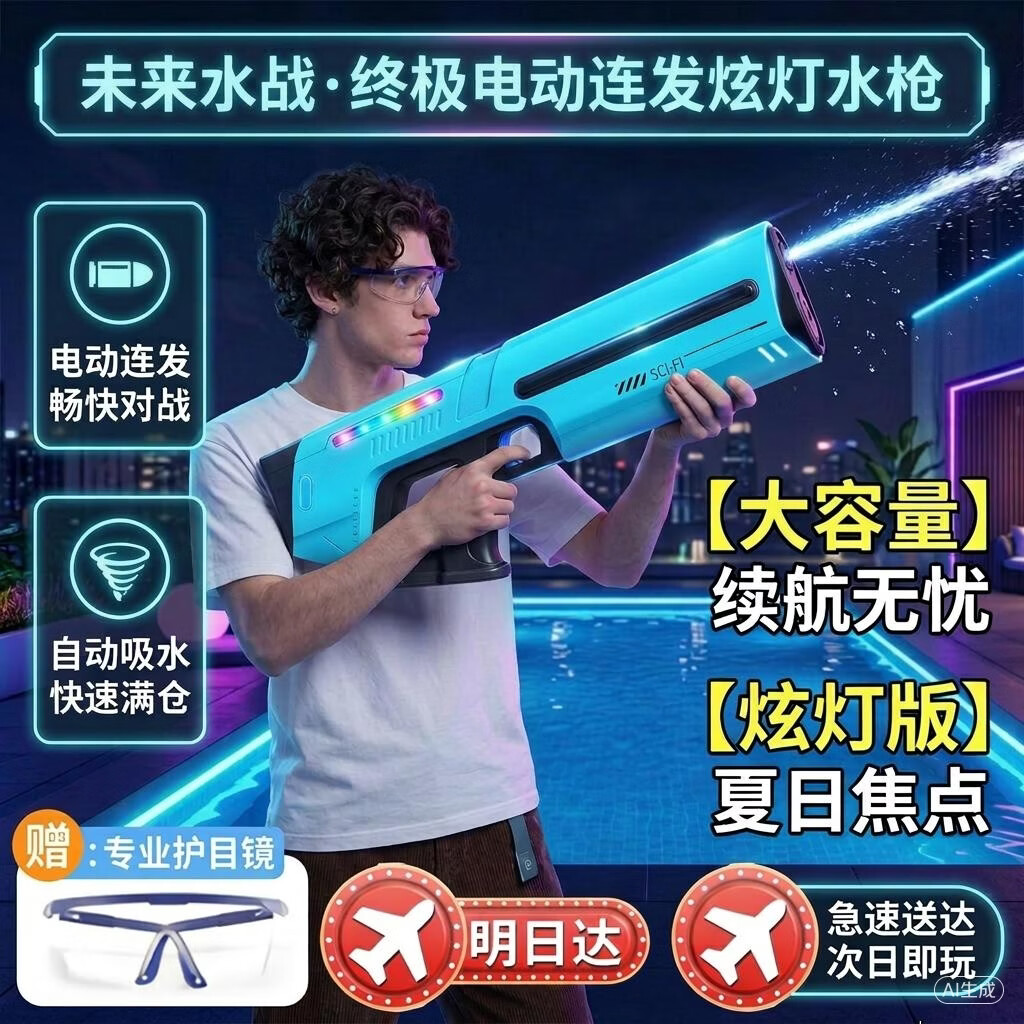 活石自动吸水电动水枪戏水玩具高压儿童连发滋喷呲水枪强力3-6-8-12岁 充电动力蓝【电动吸水+全防水+脉冲灯+护目镜】 泼水节水枪打水仗超大号玩水神器自动连发