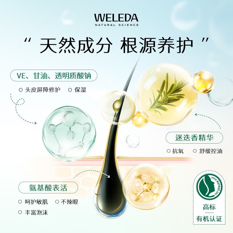 维蕾德（WELEDA）进口有机迷迭香焕活防脱洗发水控油蓬松无硅油洗发液头发稀疏细软 250ml