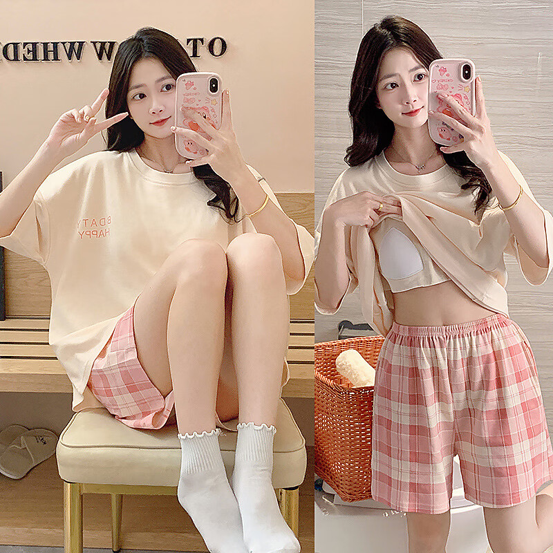 DAPHNE达芙妮夏季新款短袖短裤女休闲大码宽松可爱卡通可外穿带胸垫家居服套装 CRS-88801带胸垫 L