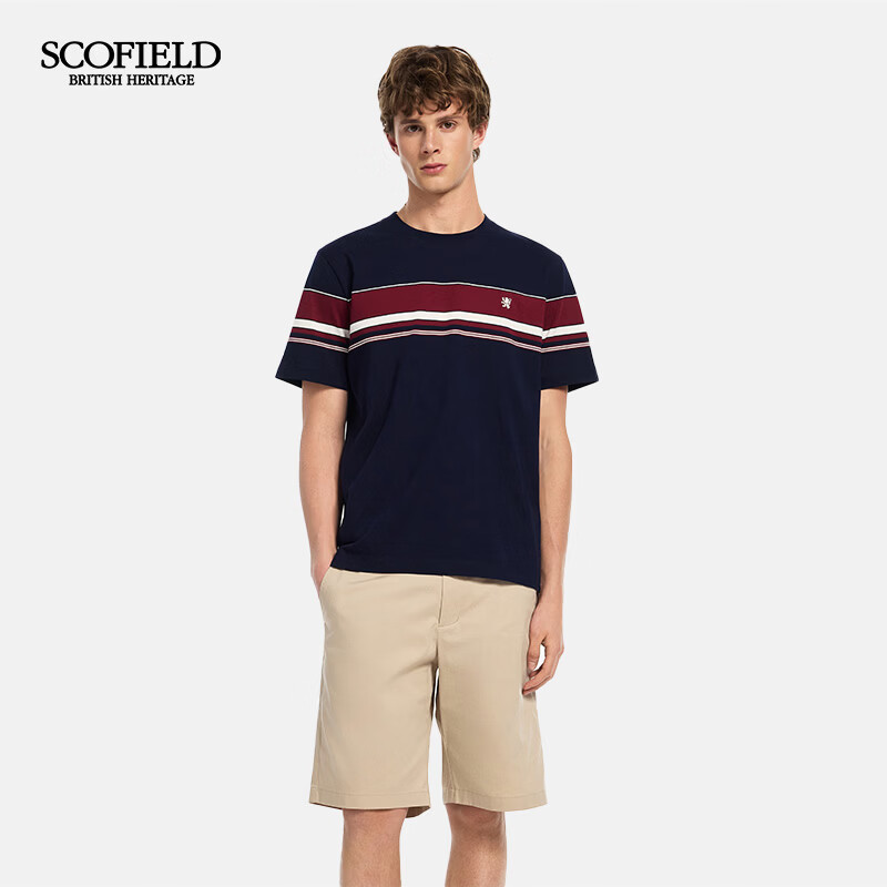 Scofield男装26年夏季新款100%棉圆领条纹商务通勤休闲短袖T恤男 藏青色 常规 M (175)