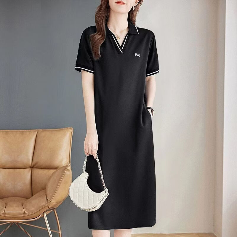 夏典素订女王(SE.PSTP)短袖连衣裙女装2026夏季新款洋气POLO领中长款直筒裙大尺码休闲裙 黑色 3XL 【建议140-160斤】