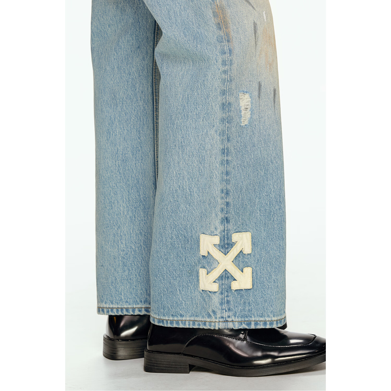 OFF WHITE™26SS 泼墨贴布箭头刺绣轻奢潮牛仔裤百搭长裤 男女同款 浅蓝色 L