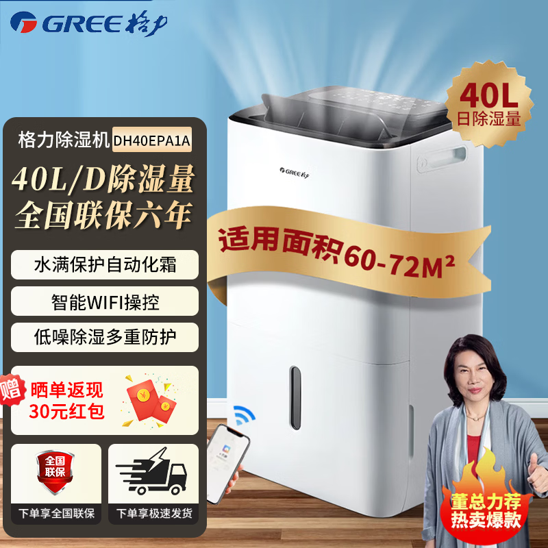格力（GREE）除湿机家用客厅卧室智能除湿器轻音全屋祛味除潮湿气抽湿机室内吸湿机湿器地下室干燥机回南天除湿 40L/天 40-70㎡ DH40EPA1A