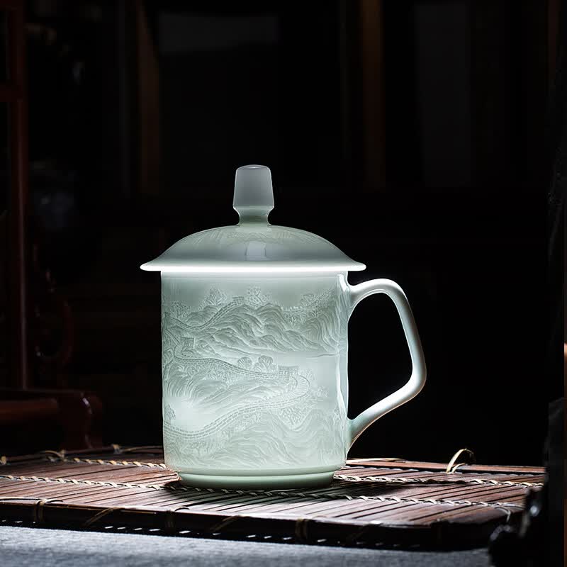 jdz景德镇陶瓷青釉雕刻长城办公杯茶水杯大容量茶杯文创会议杯泡茶杯