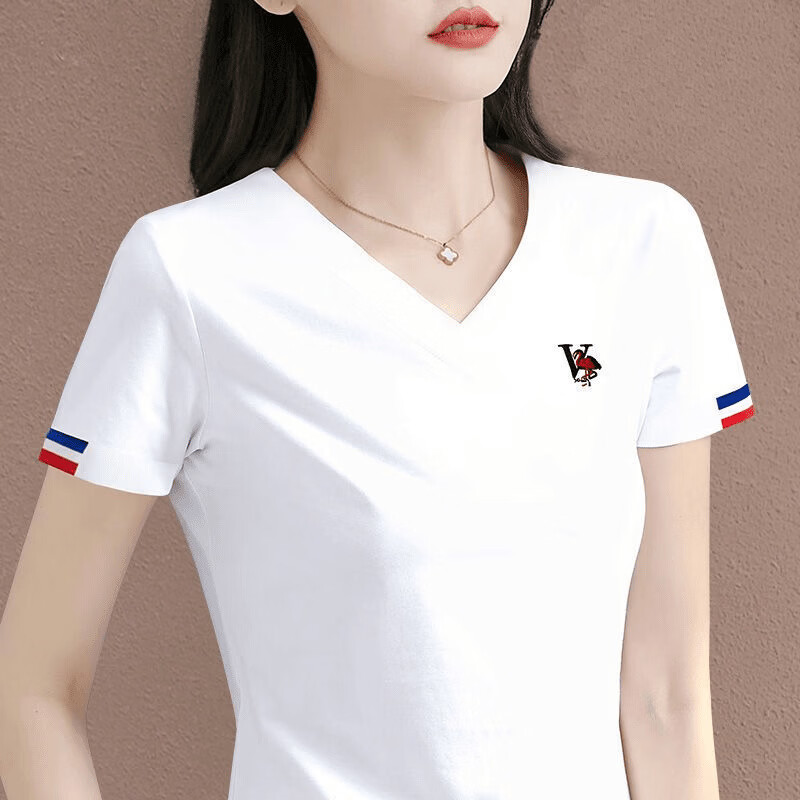 2026年夏季新款休闲百搭短袖T恤时尚V领修身显瘦高贵洋气女装 白色 L (建议95-110斤)