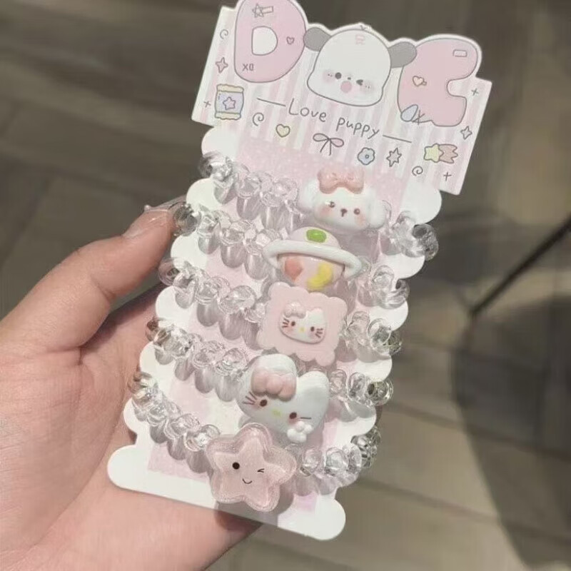 可爱猫咪电话线发圈女套装不伤发头绳甜美少女日系卡通头饰发饰 1 小肠圈6件套(不带卡纸)