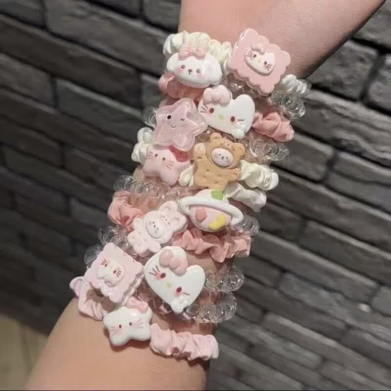 可爱猫咪电话线发圈女套装不伤发头绳甜美少女日系卡通头饰发饰 1 小肠圈6件套(不带卡纸)