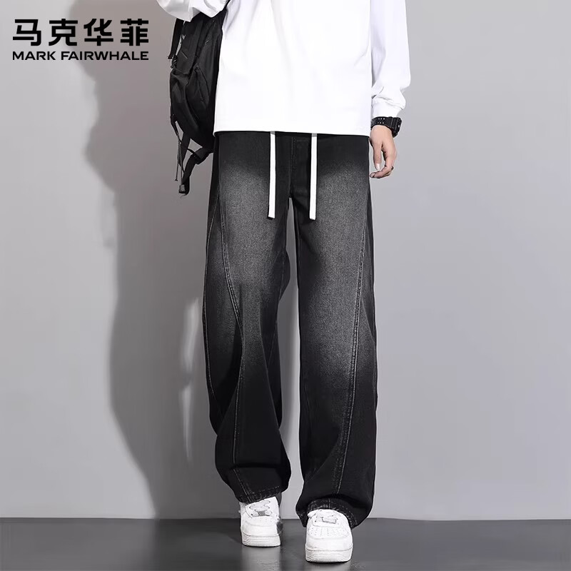 马克华菲(MARK FAIRWHALE)2026秋季新款美式高街水洗牛仔裤男士百搭时尚潮流宽松解构直筒裤 磨白灰色 【春季新品】 2XL 【建议145-165斤】