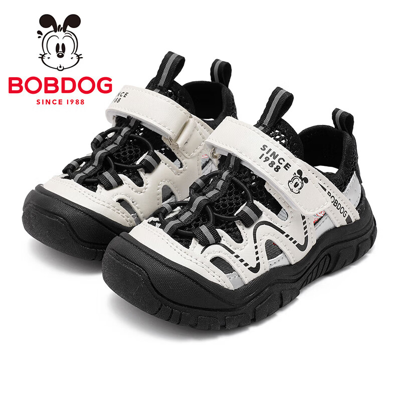 巴布豆(BOBDOG)童鞋男童夏季透气框子鞋2026女宝小童学步鞋低帮儿童运动凉鞋 黑/米 25 适合脚长15.0cm