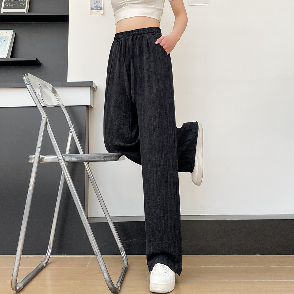 【轻奢品质】冰丝阔腿裤女夏2026新款高腰宽松垂感直筒休闲裤hq 黑色 XL 【建议 115-130斤】