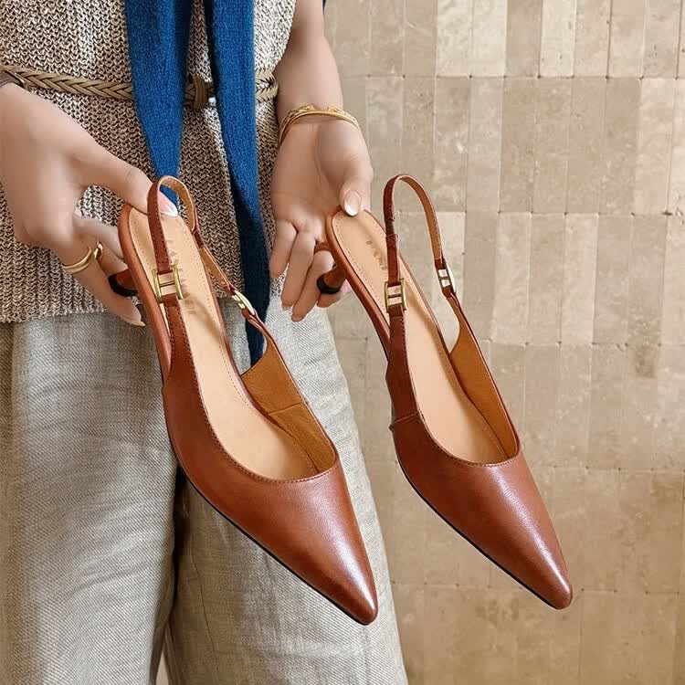 卡迪娜小猫跟凉鞋包头半拖鞋女夏季外穿新款尖头凉拖鞋女小香风平底单鞋 红色 42