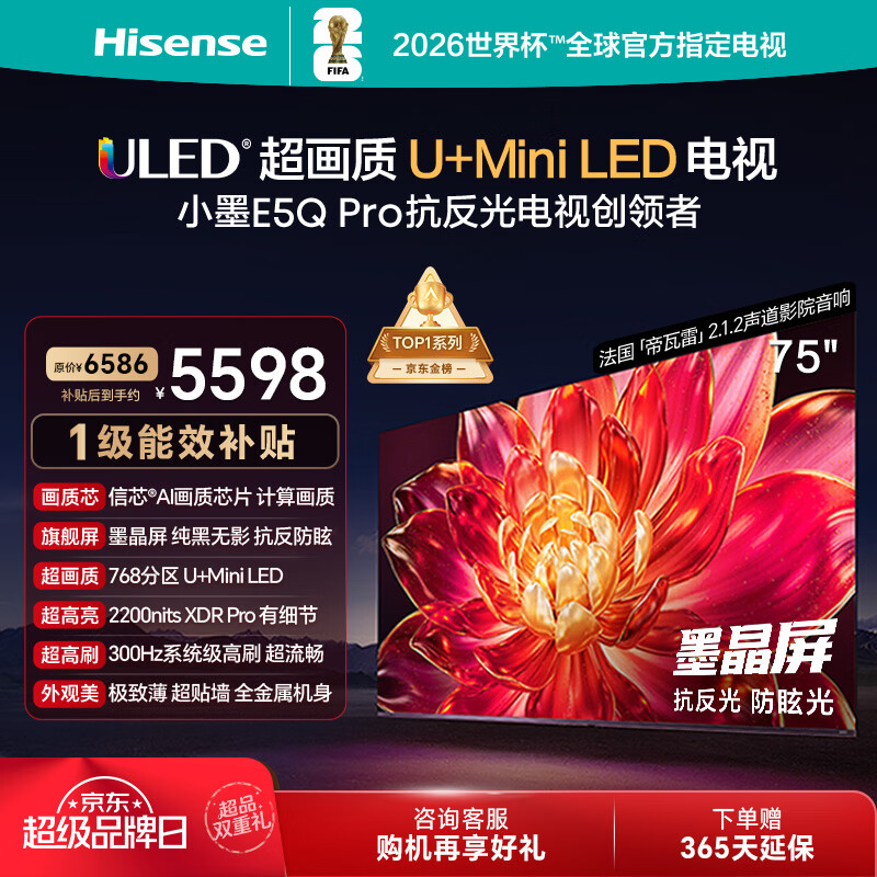 海信电视小墨E5Q Pro 75英寸【送装一体-固定挂架】768分区U+MiniLED 信芯芯片抗反光防眩光世界杯