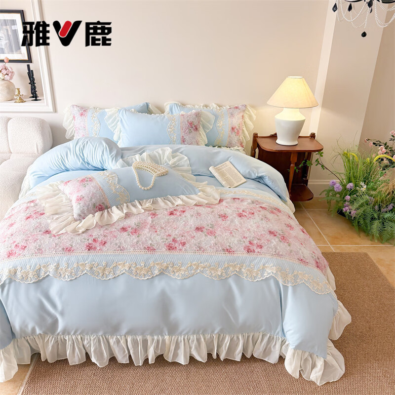 雅鹿水洗亲肤棉雪纺花边蕾丝刺绣法式床裙韩版四件套家用公主风 爱丽丝-蓝 1.8 床笠款 （被套200*230cm） 四件套