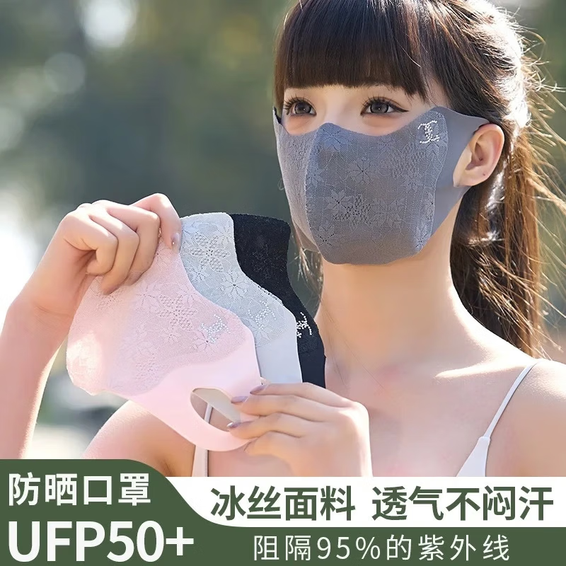夏季蕾丝防晒口罩新款加大女士角弹力高颜值轻薄透气遮阳面罩 蕾丝C钻【黑色+浅灰】2个装