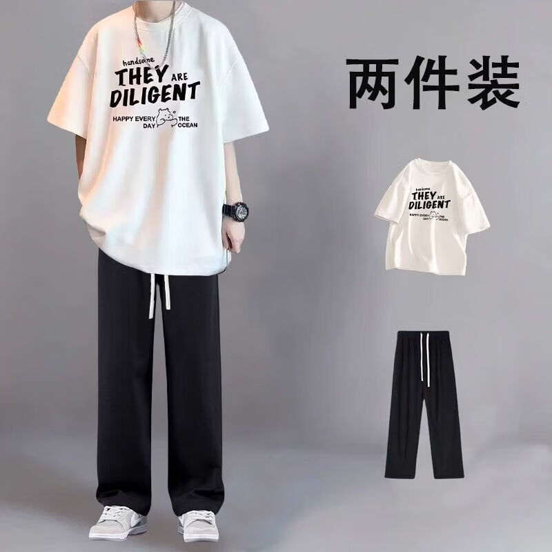 狄保特夏季短袖T恤套装男生ins休闲穿搭潮牌帅气一整套男装学生运动两件 【短袖套装】直筒黑+T155白-S-33