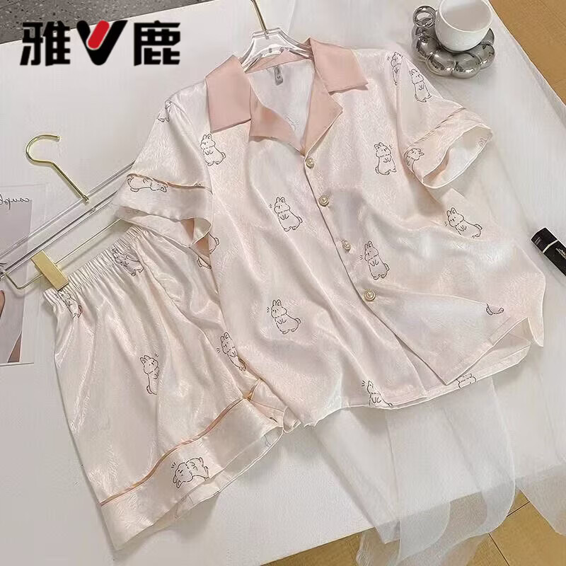雅鹿三件套夏天冰丝睡衣女短袖短裤加肥加大码胖mm甜美绸缎家居服套装 三件套-白色兔子 XL 建议110-125斤