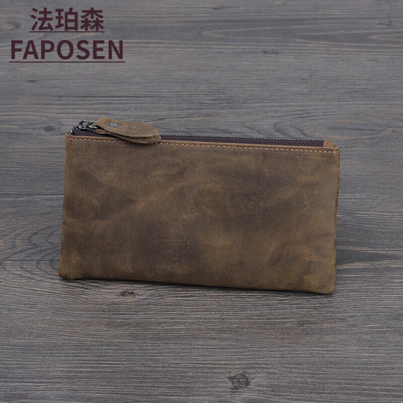 法珀森（FAPOSEN）疯马皮手工简约男士钱包长款手抓包头层牛皮皮夹复古Z皮女包 深棕色 头层牛皮疯马皮