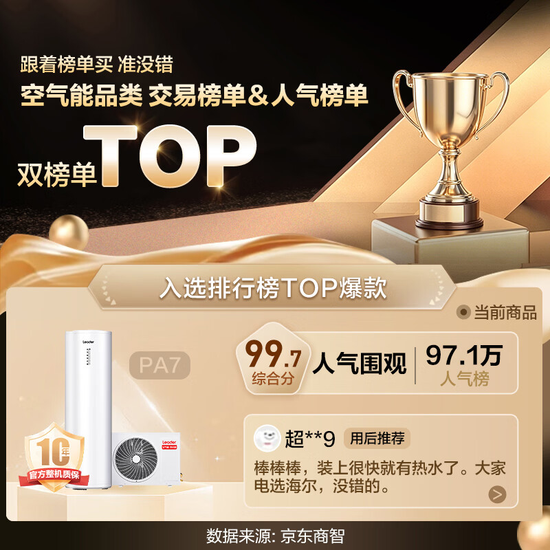 海尔(Haier) 【国补立减20%】智家出品leader空气能热水器超一级能效电辅南北通用热水器以旧换新【10年质保】 【Leader统帅PA7】200升