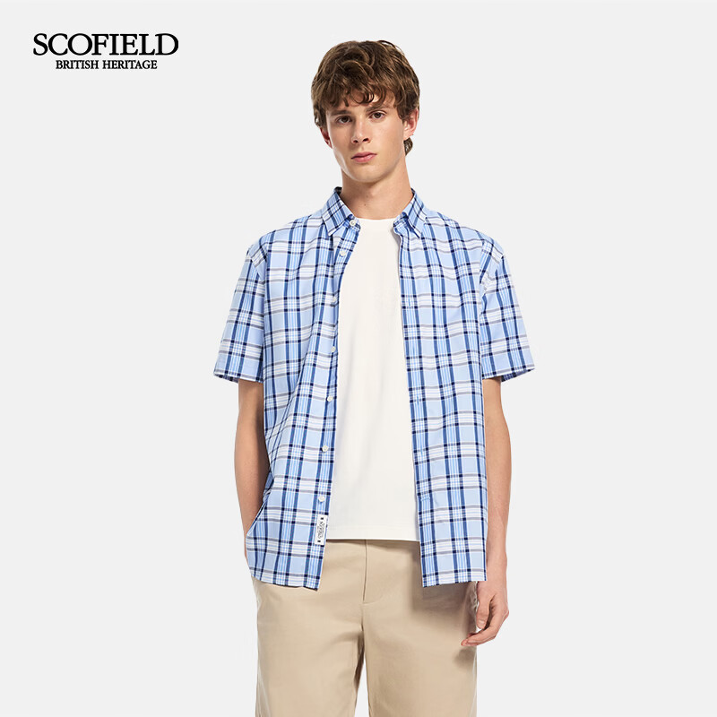 Scofield男装26年夏季新品日常通勤时尚格纹穿搭100%棉短袖衬衫男 浅蓝色 XL (180)