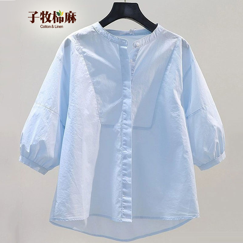 子牧棉麻春夏装 女文艺百搭衬衫中袖宽松上衣七分袖小衫衬衣3027 蓝色 M (建议90-115斤)