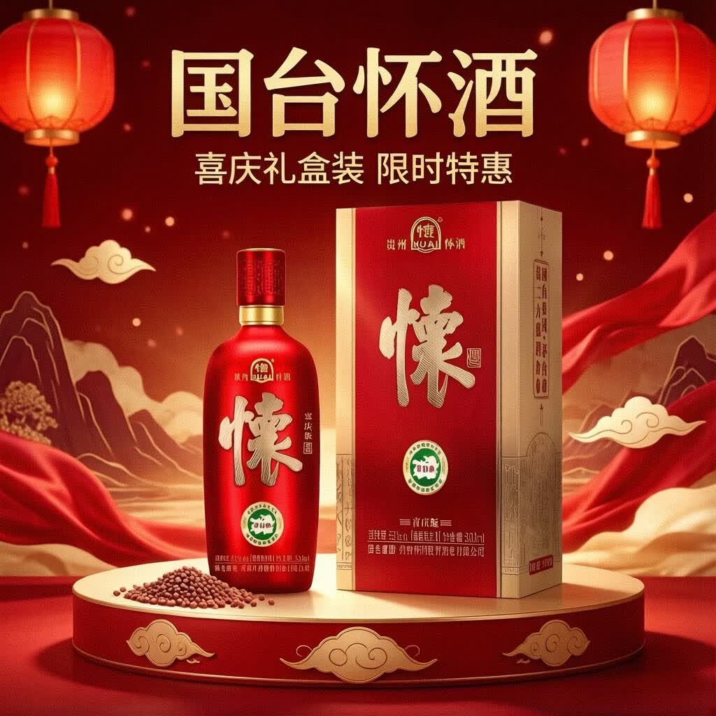 国台 53度酱香型白酒 优级纯粮酒 送礼自饮 2026年 500mL 4瓶 国台怀酒喜庆版整箱