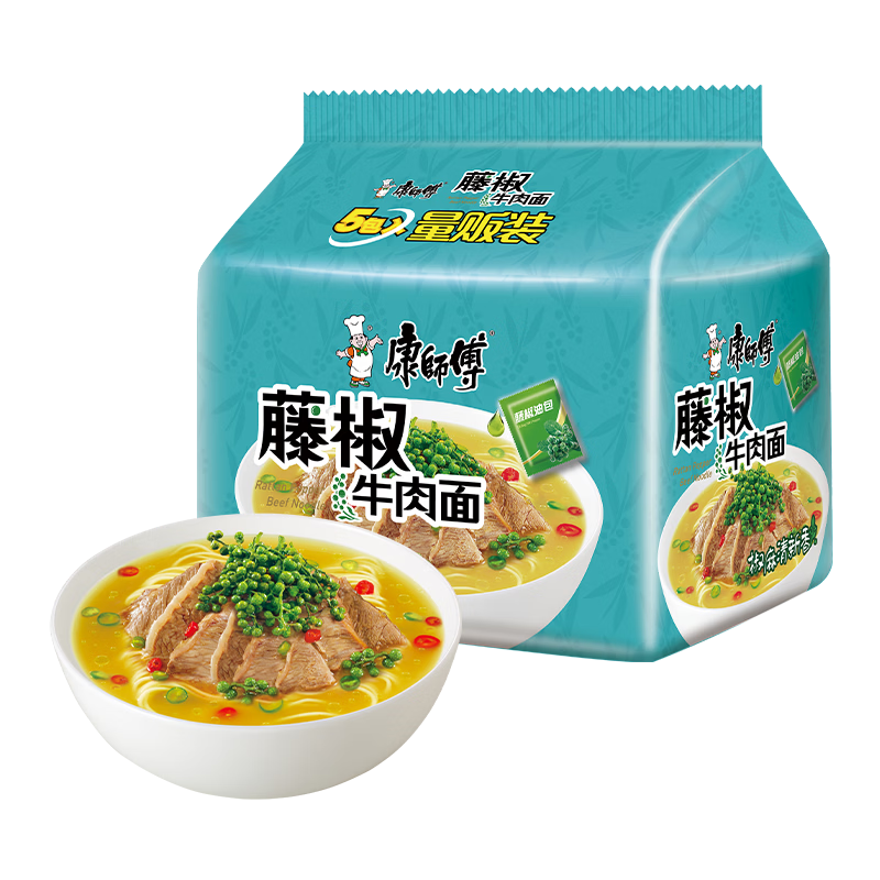 康师傅 方便面 经典藤椒牛肉面五连包103g*5 泡面袋装速食 方便食品
