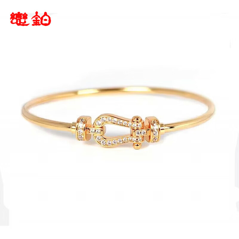 镀18k金手镯女銀网红经典马蹄扣U形满钻彩金百代购 玫瑰金