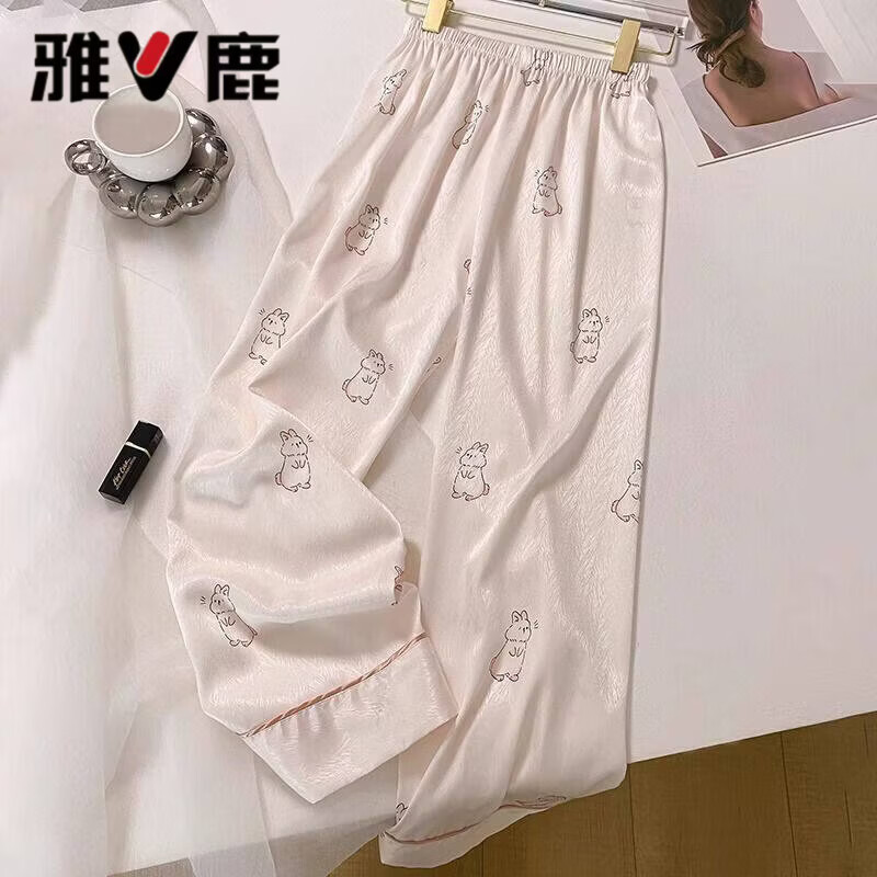 雅鹿三件套夏天冰丝睡衣女短袖短裤加肥加大码胖mm甜美绸缎家居服套装 三件套-白色兔子 XL 建议110-125斤