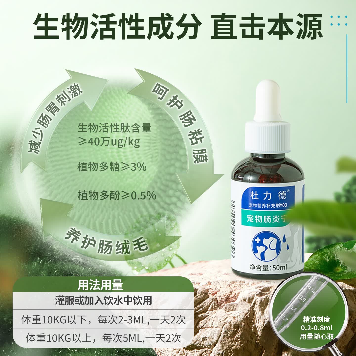 杜力德宠物肠炎宁狗狗猫咪肠粘膜损伤肠胃屏障弱犬营养滴剂 肠炎宁（养护肠粘膜） 50ml*1瓶