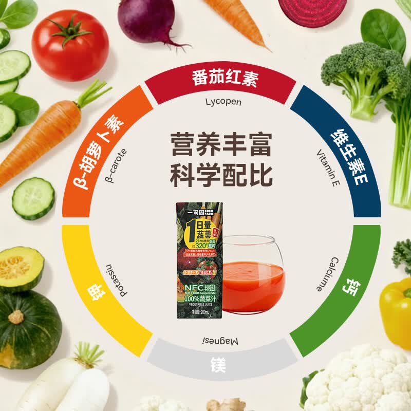 一甸园(Eden Farm)果蔬汁100%NFC蔬菜汁番茄汁健康饮料果汁0脂0蔗糖补充一日量蔬菜 100%NFC蔬菜汁200ml*24盒