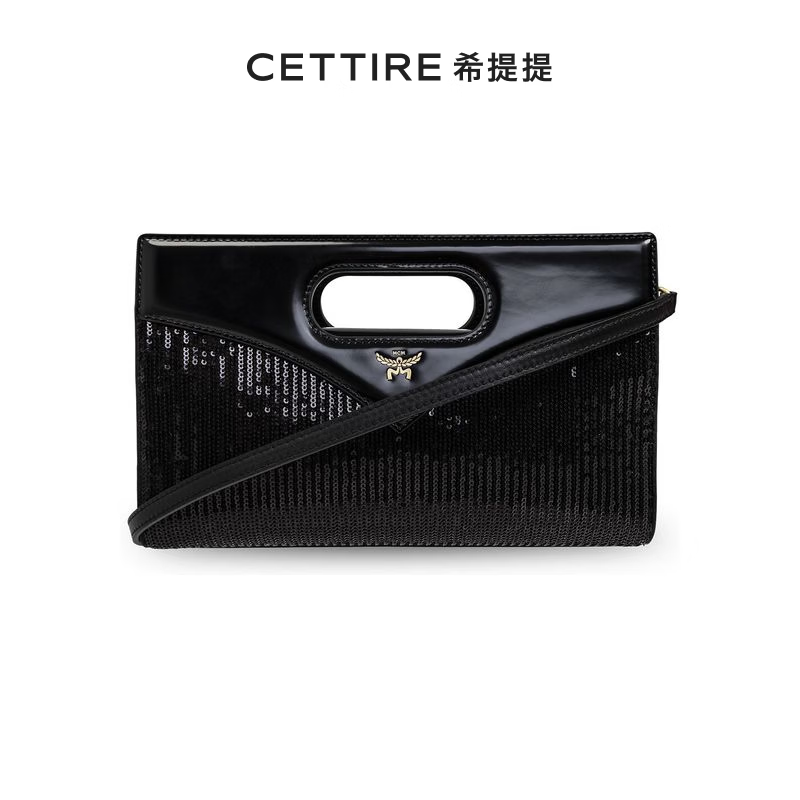 MCM亮片鑲板頂部提手包 黑色 均碼