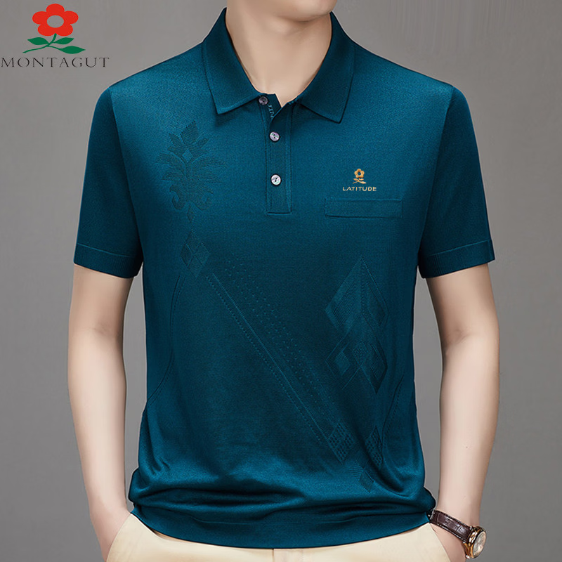 MONTAGUT梦特娇（MONTAGUT）夏季翻领短袖T恤男士桑蚕丝半袖高端薄款上衣 水蓝 薄款 M1688 4XL