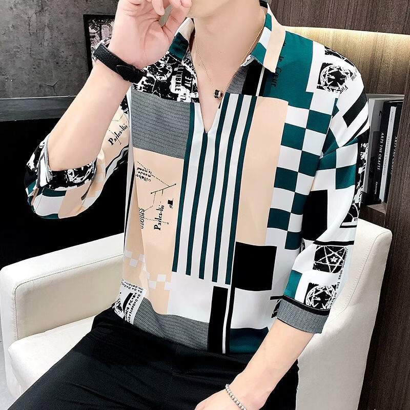 花花公子(PLAYBOY)衬衫v领七分袖t恤男士宽松高端短袖条纹polo衫夏季中袖青年上衣服 白色7101 M