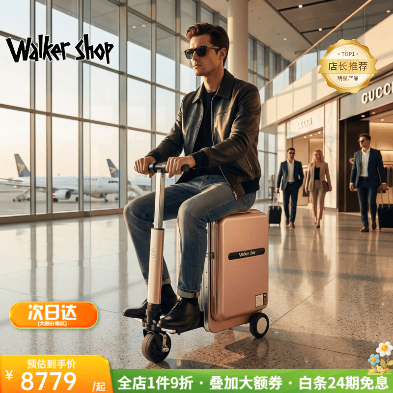 Walker Shop【2026新款】品牌电动行李箱代步可骑行智能伸缩拉杆箱登机密码箱 樱雾粉豪华版 【京东快递/当日发出】 20英寸 可登机【直接带上飞机座舱】