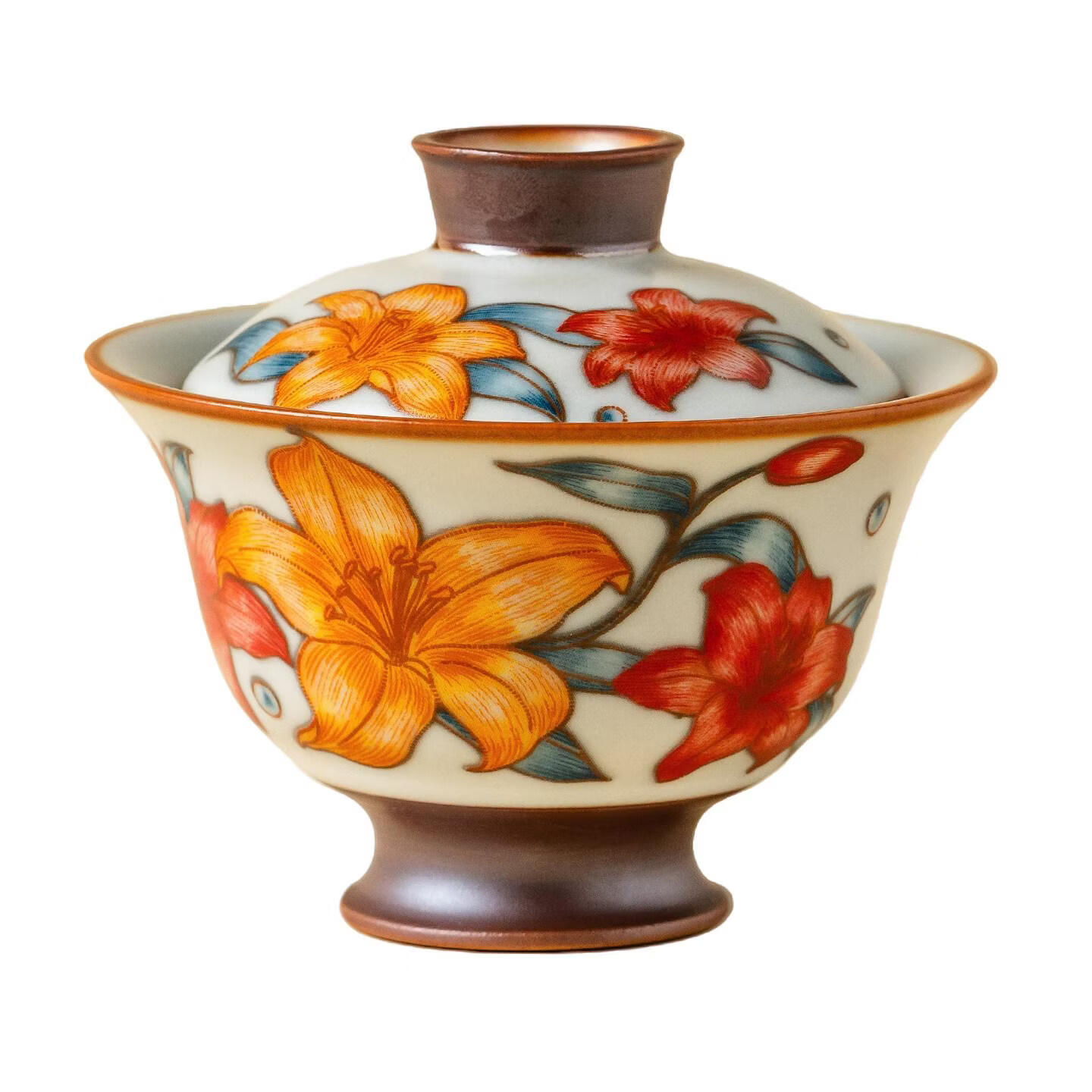 YOGEHOME汝窑春涧百合陶瓷三才盖碗茶杯家用功夫茶具高档泡茶碗不烫手茶盅 米黄汝窑春涧百合-玲珑盖碗+碗托【礼盒装】 无规格