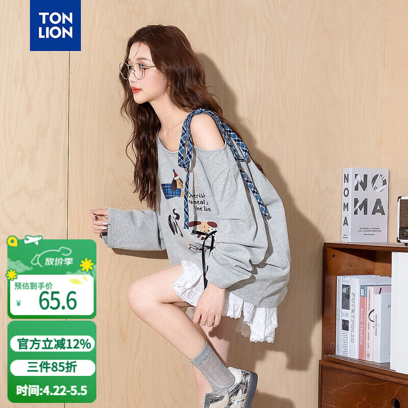 唐狮2026春秋新款斜肩长袖T恤女小狗印花绑带设计小众露肩上衣潮