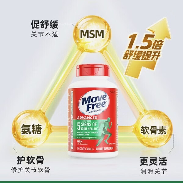 健康Move Free进口氨糖维骨力中老年人骨质疏松腰腿疼护关节 绿瓶 修复关节 舒缓关节疼痛 120粒*2瓶