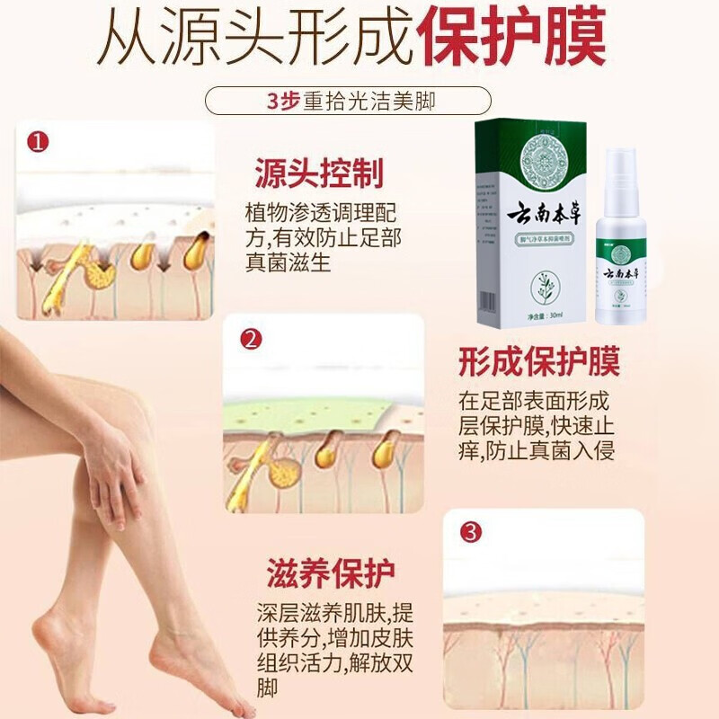 云南本草脚气净草本抑菌喷雾剂溶液30ml脱皮烂脚丫痒脚气喷剂 【3盒 周期装】30ml/盒