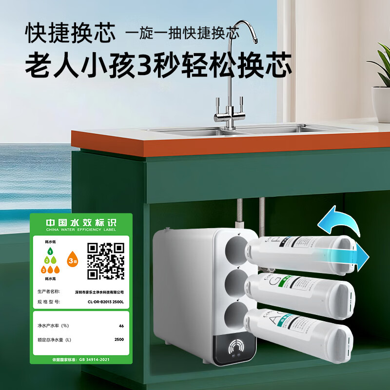 乐喝26新款净水器双出水RO反渗透直饮机家用纯水机厨房自来水过滤净水机壁挂管线机前置过滤器三件套装 G=双出水净水器+备用滤芯1套