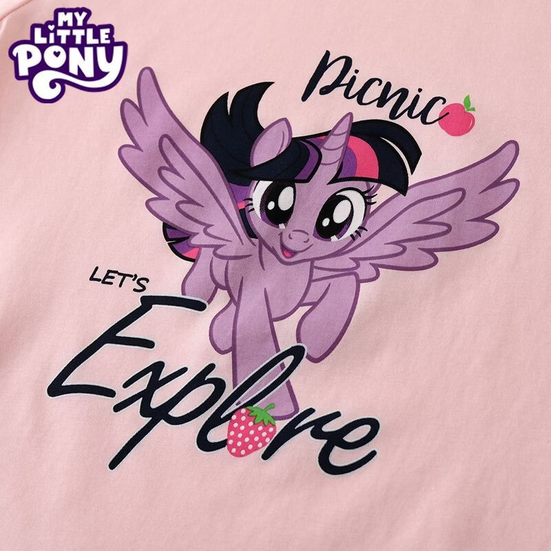 小马宝莉（MY LITTLE PONY）女童夏季2026年新款圆领卡通印花T恤索罗娜修身洋气上衣 柔柔 110