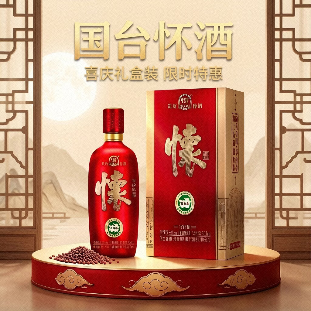 国台 53度酱香型白酒 优级纯粮酒 送礼自饮 2026年 500mL 4瓶 国台怀酒喜庆版整箱