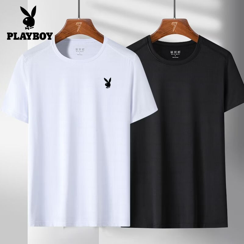花花公子(PLAYBOY)冰丝男士短袖夏季新款速干t恤宽松健身上衣休闲透气衣服 白色+黑色 M 85-110斤