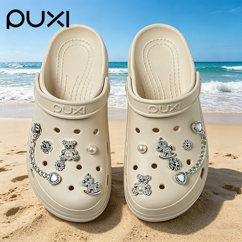 朴西洞洞鞋【带鞋花】女款夏季2026新款外穿厚底沙滩包头凉拖鞋女 抹茶绿 +炫彩爱心链条鞋花 39-40 【脚宽拍大一码】