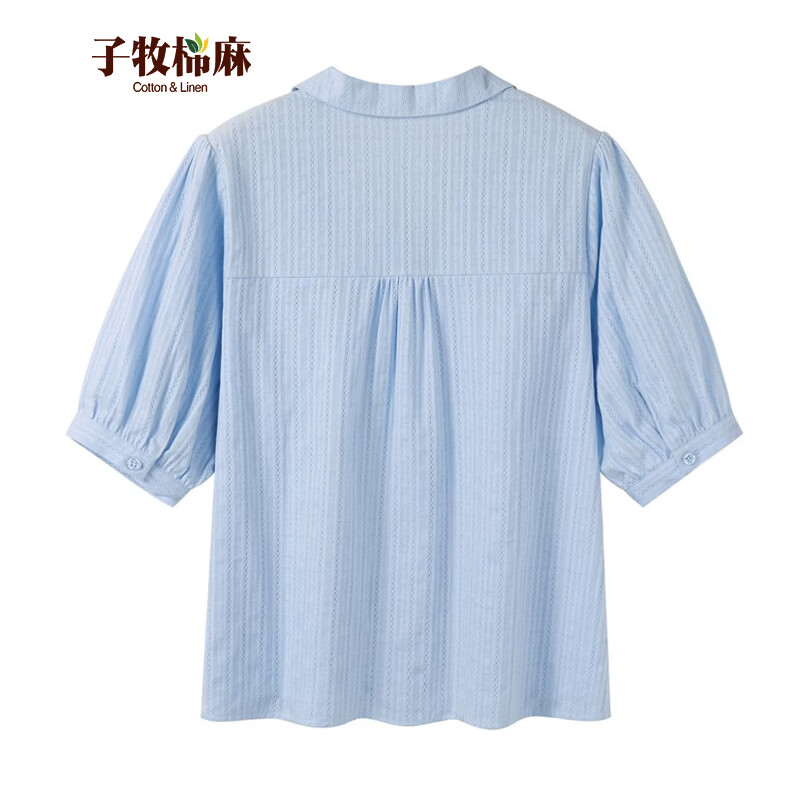 子牧棉麻2026夏装 女法式时尚简约气质百搭通勤衬衫宽松显瘦短袖上衣5236 蓝色 L (建议115-125斤)