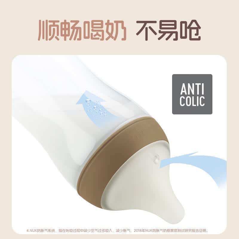 NUK德国新生婴儿宝宝玻璃奶瓶0个月以上仿真母乳奶嘴感温防胀气硅胶 白色 (0月+)S号奶嘴 120ml
