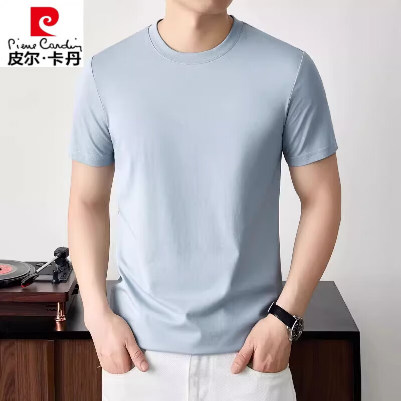 皮尔卡丹重磅纯棉圆领短袖男夏季2026新款宽松休闲爸爸装半袖T恤 浅蓝色【100%棉】 L 【120-140斤】