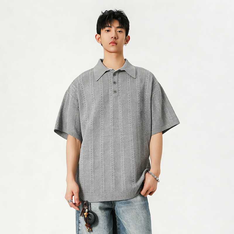 ROYAL PALM POLO SPORTS CLUB夏季新款美式复古条纹polo衫男宽松休闲百搭潮流短袖上衣 灰色 3XL