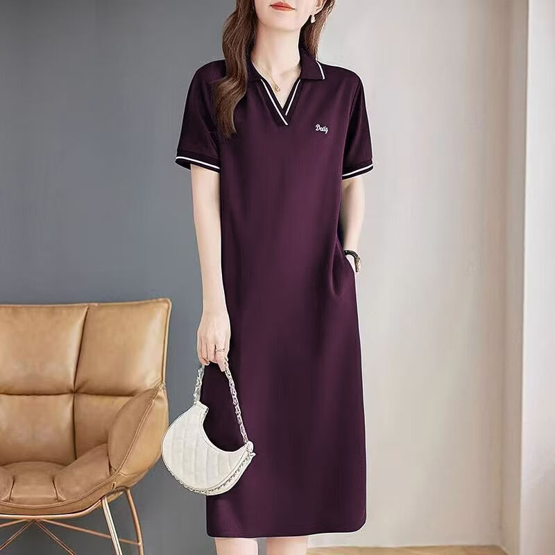 夏典素订女王(SE.PSTP)短袖连衣裙女装2026夏季新款洋气POLO领中长款直筒裙大尺码休闲裙 黑色 3XL 【建议140-160斤】